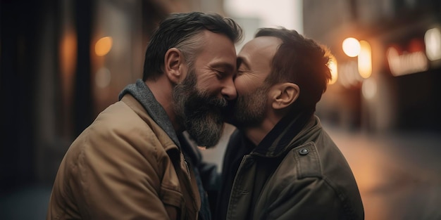 Sorridente coppia gay abbracciare e baciare all'aperto in un contesto urbano IA generativa