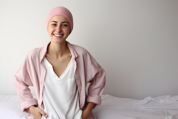 Sorridente di una donna con cancro al seno nella stanza d'ospedale Mese di sensibilizzazione sul cancro al seno Donna combattente coraggiosa