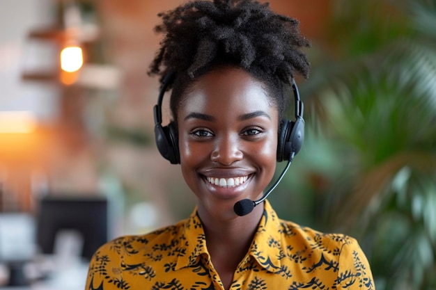 Sorridente donna afroamericana dalla pelle scura che indossa cuffie e microfono