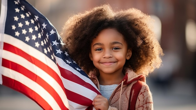 Sorridente donna americana con i capelli ricci e lo sfondo della bandiera Attraente donna sorridente con orgoglio Bandiera americana sullo sfondo