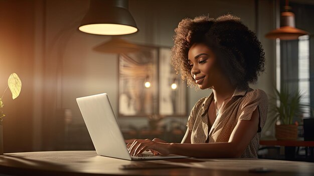 Sorridente donna d'affari afroamericana seduta al tavolo nel suo ufficio a casa, leggendo documenti e lavorando utilizzando il computer portatile