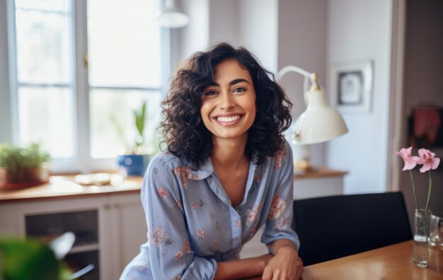 Sorridente donna d'affari diversificata a casa sua