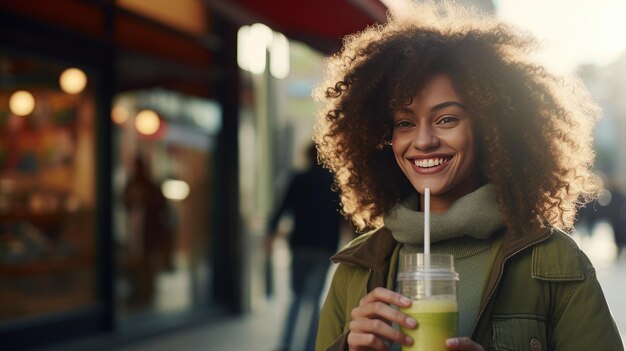 Sorridente donna dai capelli ricci che sorseggia detox frullato di verdure giacca casuale dieta sana e gioiosa