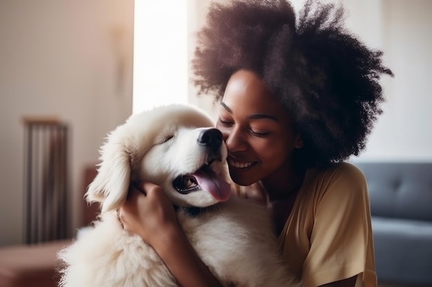 Sorridente donna di colore che abbraccia un simpatico cane