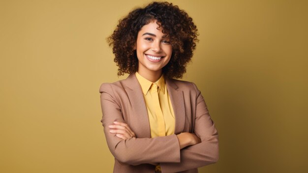 Sorridente donna latina adolescente con capelli ricci castani Ritratto fotografico di un uomo d'affari su sfondo solido Illustrazione orizzontale fotorealistica generata da Ai