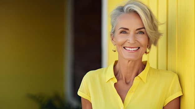 Sorridente donna più anziana in abbigliamento giallo poste su sfondo giallo