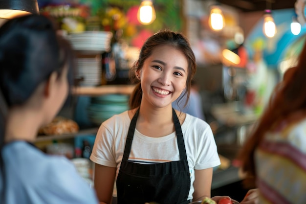 Sorridente e adorabile staff di camerieri che accettano gli ordini dei clienti AI generativa