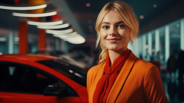 Sorridente elegante bella donna d'affari venditrice in una concessionaria di auto guardando la telecamera dipartimento vendite con spazio di copia