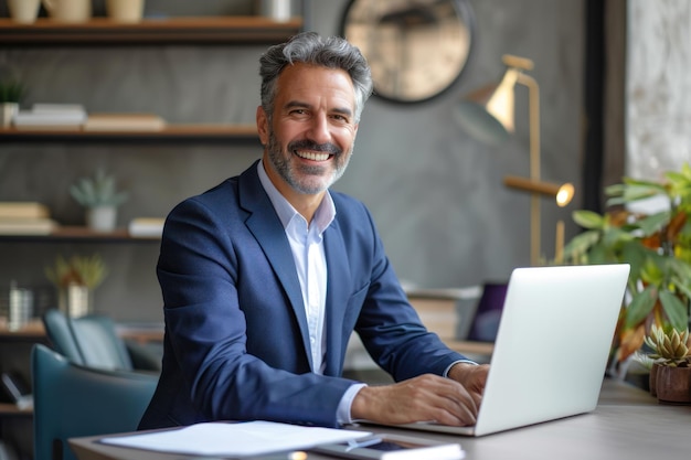 Sorridente felice uomo d'affari professionista di mezza età amministratore delegato della società direttore generale che indossa un vestito blu