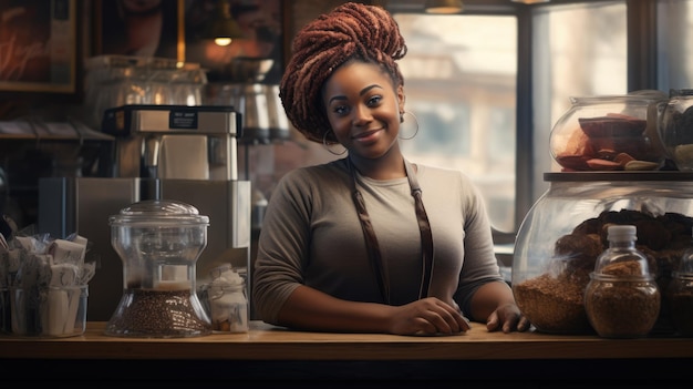Sorridente fiduciosa giovane donna afroamericana Barista nera attraente femminile in un bar della città