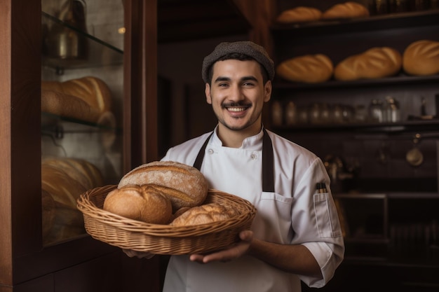 Sorridente fornaio maschio spagnolo in piedi nella cucina di casa che tiene il pane nel cesto Generativo AI AIG21