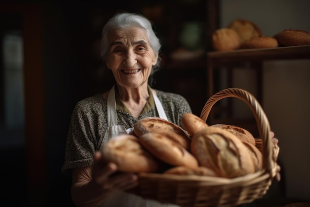 Sorridente fornaio senior femminile spagnolo in piedi nella cucina di casa che tiene il pane nel cesto Generativo AI AIG21