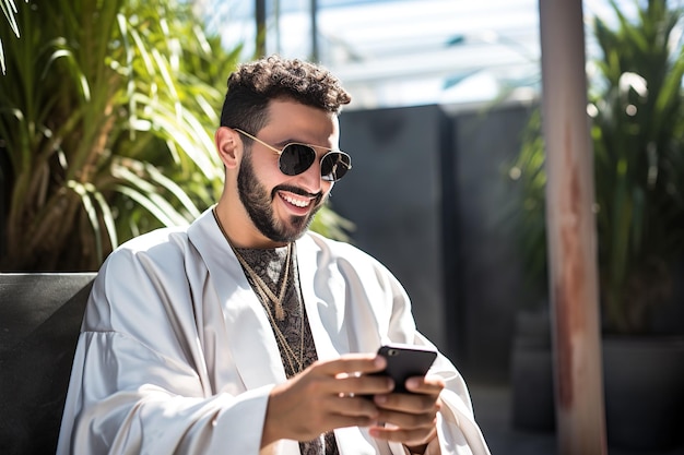 Sorridente giovane arabo che utilizza lo smartphone