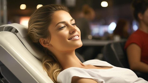 Sorridente giovane donna adulta sulla poltrona del dentista godendo di cure odontoiatriche