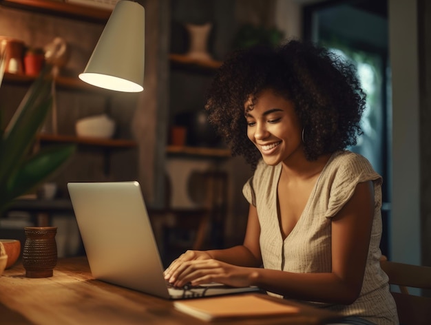 sorridente giovane donna africana che lavora al computer portatile al tavolo a casa