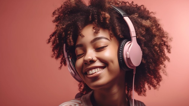 Sorridente giovane donna afro che indossa le cuffie con uno sfondo rosa