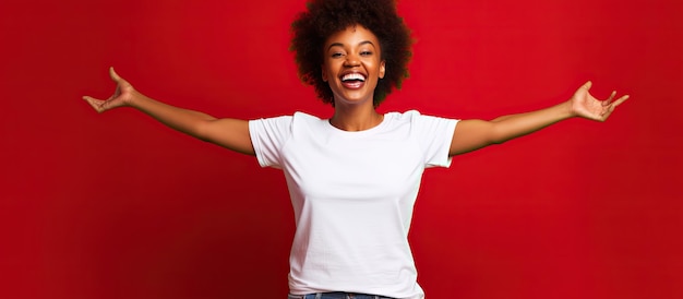 Sorridente giovane donna afroamericana in maglietta isolata su sfondo rosso che esprime gioia e fiducia Mock up spazio disponibile