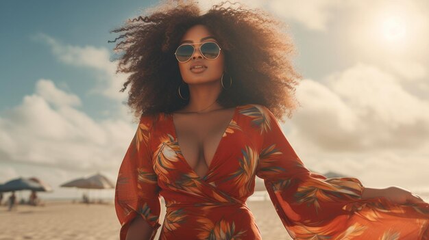 Sorridente giovane donna afroamericana taglie forti in costume da bagno spiaggia sabbiosa che distoglie lo sguardo vicino all'oceano schiumoso sotto il cielo nuvoloso blu alla luce del giorno