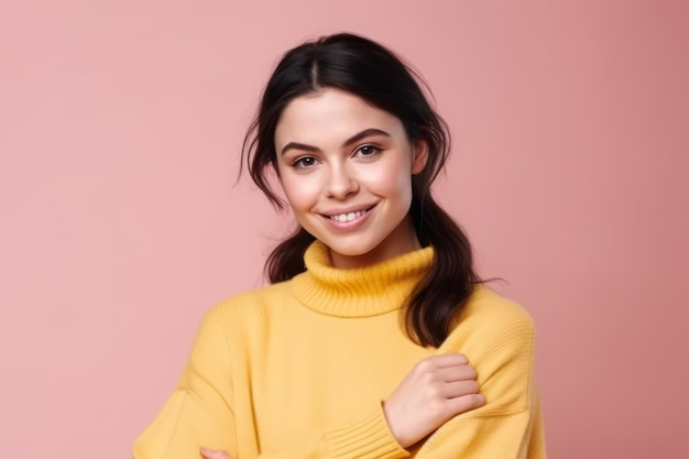 Sorridente giovane donna bruna ragazza in maglione giallo in posa isolato su sfondo rosa pastello ritratto in studio persone emozioni sincere stile di vita concetto mock up copia spazio tenendosi per mano incrociate