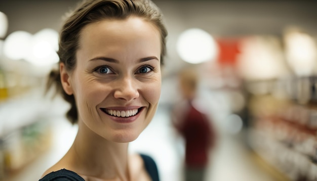 Sorridente giovane donna caucasica al supermercato Illustrazione di intelligenza artificiale generativa