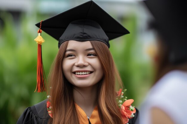 Sorridente giovane donna che si gode la sua cerimonia di laurea creata con l'IA generativa