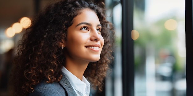 Sorridente giovane donna d'affari di razza mista che guarda lontano