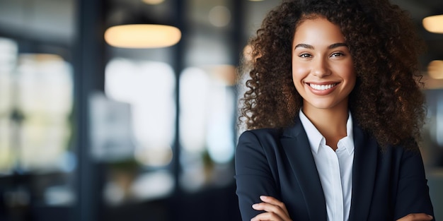 Sorridente giovane donna d'affari di razza mista che guarda lontano