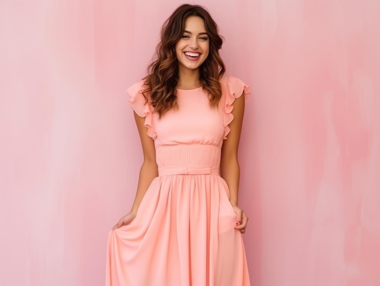 Foto sorridente giovane donna di origine messicana vestita con abiti eleganti su sfondo grigio
