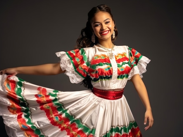 Sorridente giovane donna di origine messicana vestita in abito elegante su sfondo grigio