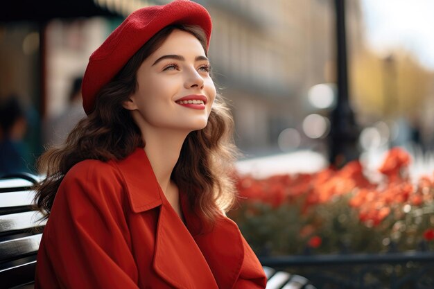 Sorridente giovane donna francese con un berretto rosso seduta su una panchina