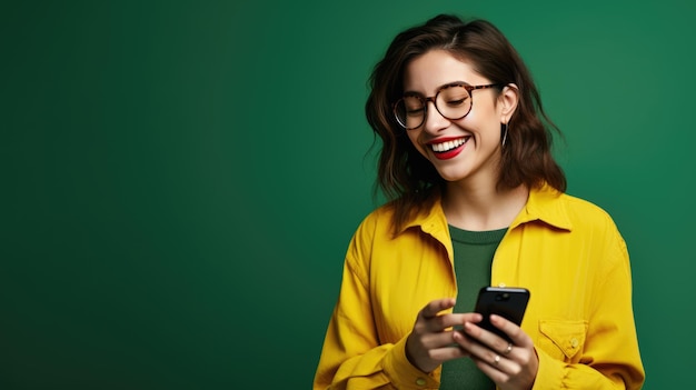 Sorridente giovane donna sta usando un telefono cellulare su uno sfondo verde ow