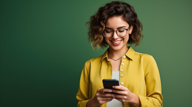 Sorridente giovane donna sta usando un telefono cellulare su uno sfondo verde ow