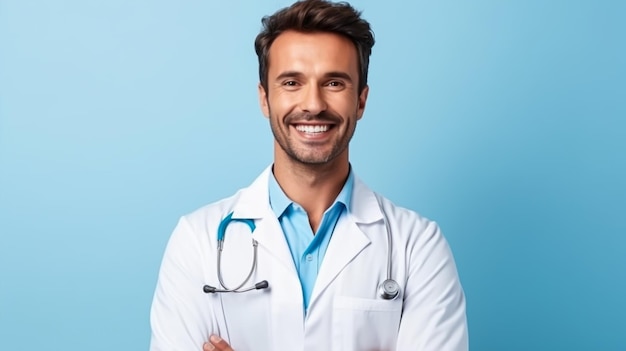 sorridente giovane medico maschio con stetoscopio guardando la fotocamera isolata sul blu