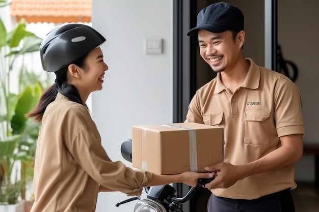 sorridente giovane messaggero maschio asiatico in uniforme che consegna un pacco di scatola a una bella cliente femminile