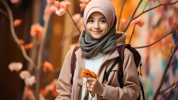 Sorridente giovane studentessa musulmana asiatica con zaino da parte nello spazio di copia Ritorno al concetto di scuola