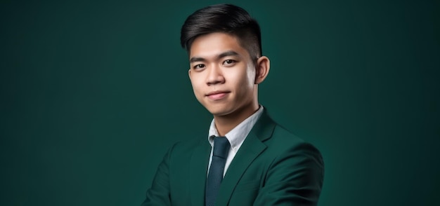 Sorridente giovane uomo d'affari asiatico con le braccia incrociate isolato su sfondo verde