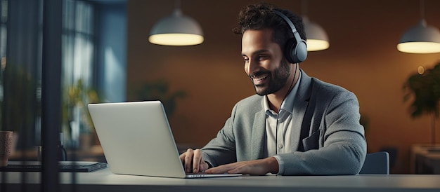 Sorridente manager maschio mediorientale in cuffia che lavora al computer portatile in un ufficio moderno che consulta i clienti online utilizzando il PC