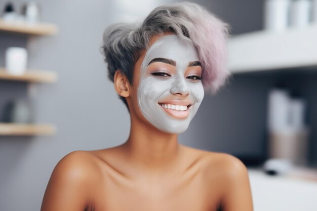 Sorridente molto attraente donna africana taglio di capelli corto capelli grigi in maschera sul viso in un salone di bellezza Spa