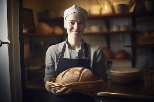 Sorridente panettiera svedese in piedi nella cucina di casa che tiene il pane nel cesto Generative AI AIG21