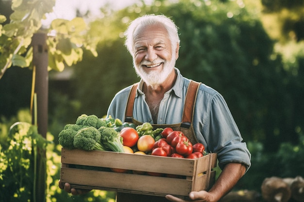 Sorridente pensionato con una scatola di legno in mano