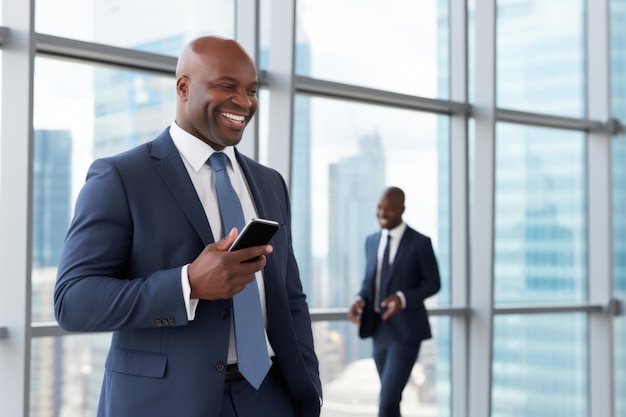 Sorridente persona felice uomo adulto ricco afroamericano impiegato d'ufficio azienda di successo imprenditore