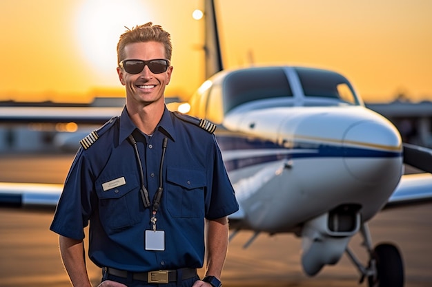 Sorridente pilota maschio in piedi davanti all'aeroplano con IA generativa