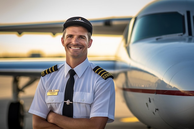 Sorridente pilota maschio in piedi davanti all'aeroplano con IA generativa