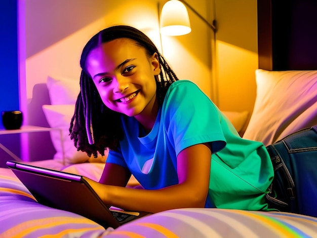 Sorridente ragazza afroamericana che guarda l'obbiettivo mentre gioca con un gadget con una maglietta verde sul suo letto