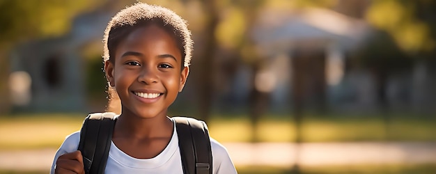 Sorridente ragazza afroamericana con la sua scuola di zaino per il primo giorno di scuola