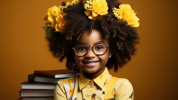 Sorridente ragazza afroamericana in occhiali con libri e fiori isolati su giallo IA generativa