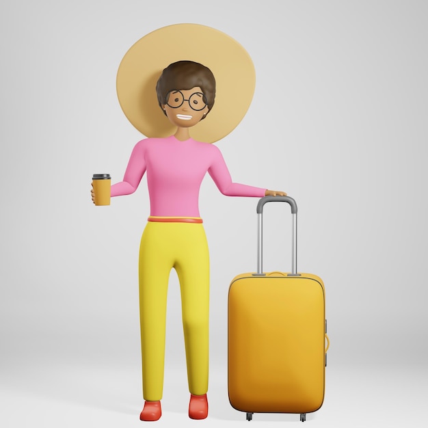 Sorridente ragazza afroamericana viaggiatore valigia gialla bagaglio caffè rendering 3d Pubblicità di viaggio in aereo moderno