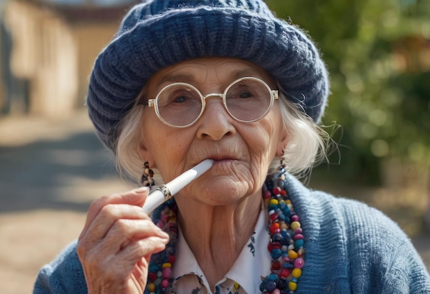 sorridente senior elegante elegante donna alla moda con i capelli grigi in cappotto di pelliccia all'aperto fumo di sigaretta stile di vita non sano età vibrazioni positive vecchiezza dipendenza cattiva abitudine concetto