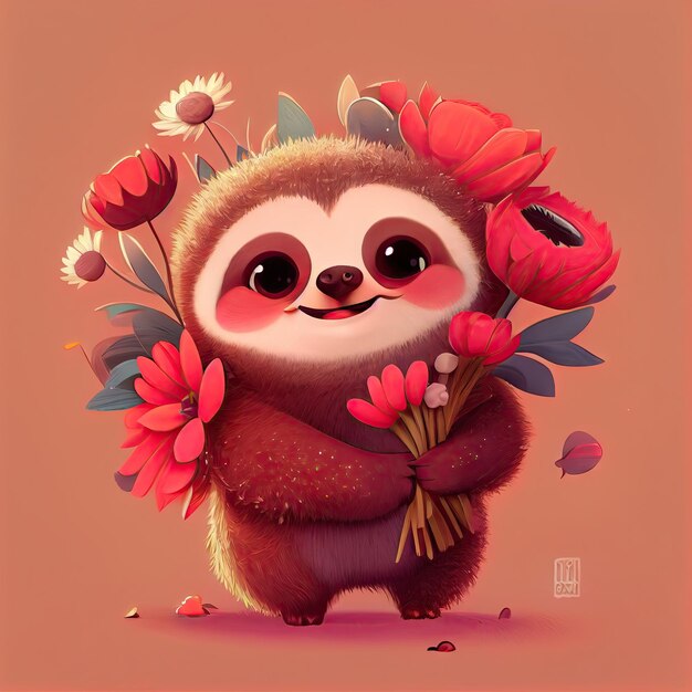 Sorridente simpatico bradipo che tiene bouquet in fiori colorati isolato sfondo caldo
