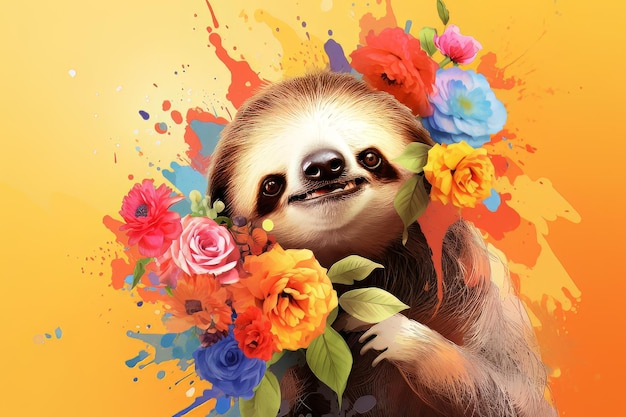 Sorridente simpatico bradipo che tiene il bouquet di fiori colorati isolato sfondo caldo